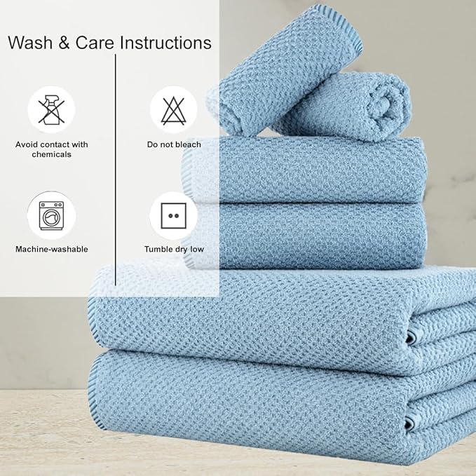 CASA COPENHAGEN Popcorn 6 Pieces Towel Set- Dusty Blue, 600 GSM 2 Bath Towel 2 Hand Towel 2 Washcloth, Designed in Denmark Made of Soft Egyptian Cotton for Bathroom, Kitchen & Shower