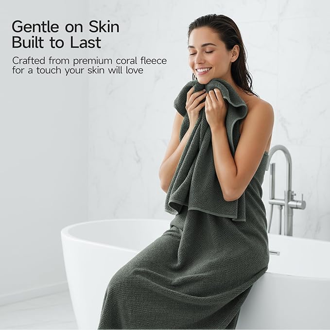 REDKISS 4 Pack Premium Bath Towels, Plush Coral Fleece Towels for Bathroom, Extra Large Bath Towels Set of 4 (35 x 70 in), Super Soft Highly Absorbent Shower Towels for Spa, Gym, Travel, Dark Gray