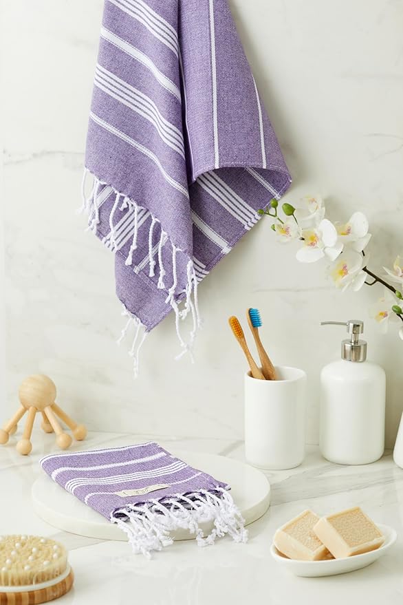 Hand Towels - Set of 2, 18" x 30" inches, Decorative Peshtemal Cotton Hand Towels for Kitchen, Bath, Guest, Face, Hair, Gym, Yoga, Dishcloth, Travel (Dark Lilac)