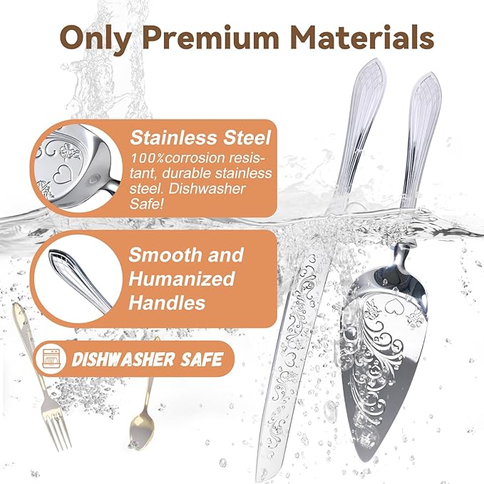 KSENDALO Wedding Cake Cutting Set - Cake Knife and Server Set, Deluxe SUS304 Stainless Steel Cutter & Server for Weddings, Birthdays, Anniversaries & Celebrations (13.78 Inch, Silver)
