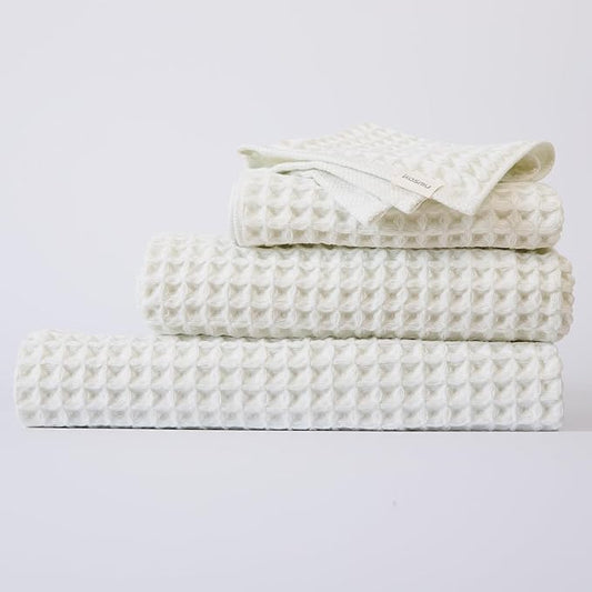 Luxury Organic Japanese Cotton Waffle Bath Towel | Thick, Absorbent, Quick Dry Bathroom Towels for Shower, Sauna, Onsen| Hotel & Spa Quality, Gift-Ready (Shell White, Complete Set (4-Piece))