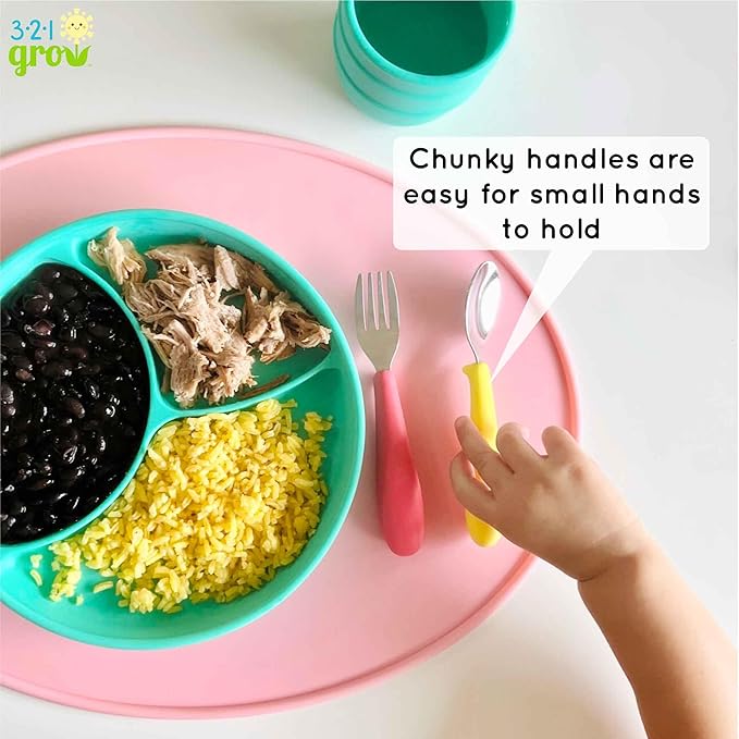 Eat with Me Spoon and Fork Set – Toddler Utensils with Easy-Grip Silicone Handles – Kid-Sized & Safe Stainless Silverware – Promotes Independent Eating – Dishwasher Safe (Watermelon)