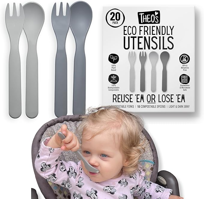 THEO'S 20 Pack Eco-Friendly Utensils for Baby & Toddler | 100% Biodegradable + Compostable 5.0"x1.2" Plant Based Spoons & Forks (10 each) | BPA Free, Dishwasher + Microwave Safe, Light & Dark Gray