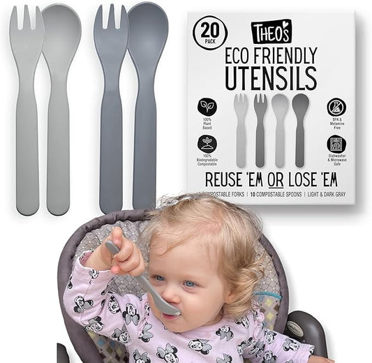 THEO'S 20 Pack Eco-Friendly Utensils for Baby & Toddler | 100% Biodegradable + Compostable 5.0"x1.2" Plant Based Spoons & Forks (10 each) | BPA Free, Dishwasher + Microwave Safe, Light & Dark Gray