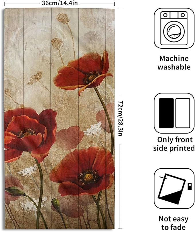 Imiss Red Poppy Flower Hand Towels Set of 2 - Rustic Brown Wooden Multi-Purpose Guest Kitchen Towel 14.4 x 28.3 Inch for Face Bathroom Gym Spa