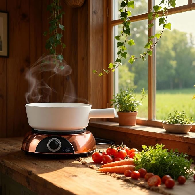 Artestia Electric Fondue Pot 2-QT 1500W, Dual-Use Swiss Fondue Set for Cheese & Chocolate Melting, Adjustable Temperature Control, White Ceramic Pot with Rose-Gold Base & 6 Forks