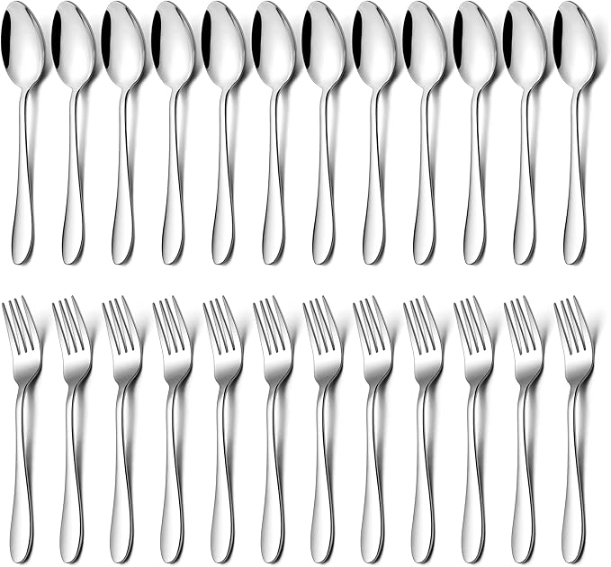 E-far 24-Piece Dinner Forks and Spoons, Stainless Steel Silverware Flatware Eating Utensils Set for Home Kitchen Restaurant, Food Grade Metal & Streamline Design, Mirror Finish & Dishwasher Safe, 8 In