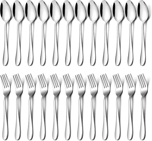 E-far 24-Piece Dinner Forks and Spoons, Stainless Steel Silverware Flatware Eating Utensils Set for Home Kitchen Restaurant, Food Grade Metal & Streamline Design, Mirror Finish & Dishwasher Safe, 8 In