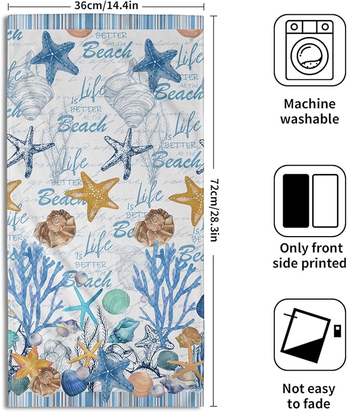 Imiss Coral Starfish Hand Towels for Bathroom，Nautical Coastal Seashell Guest Towels 14.4 x 28.3 Inch Set of 2 Soft Small Bath Towel Kitchen Dish Towels for Home Hotel Gym Spa