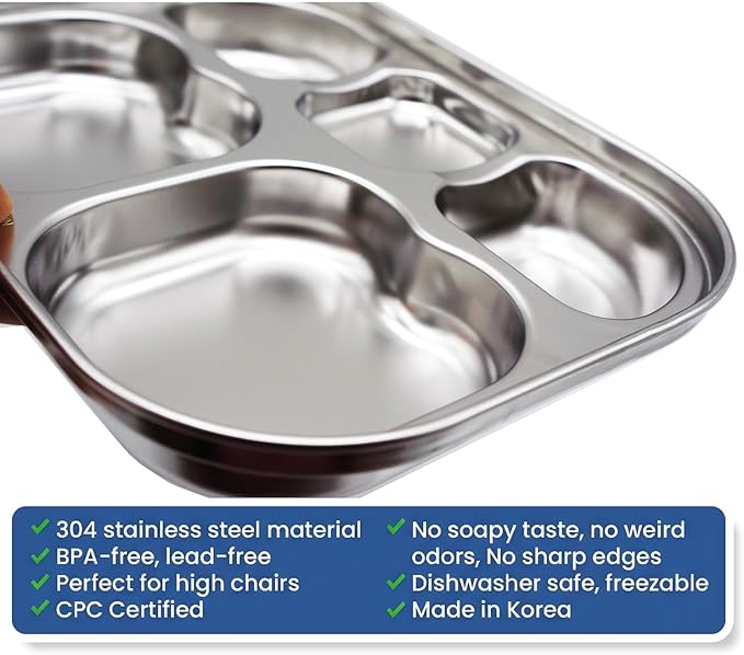 Korean Stainless Steel Divided Plates by KS&E, Little Kids Toddlers Babies small Tray, BPA Free, Diet Food Control, Compact Serving Platter, Snack, 5 Compartment Plate Silver, Set of 2