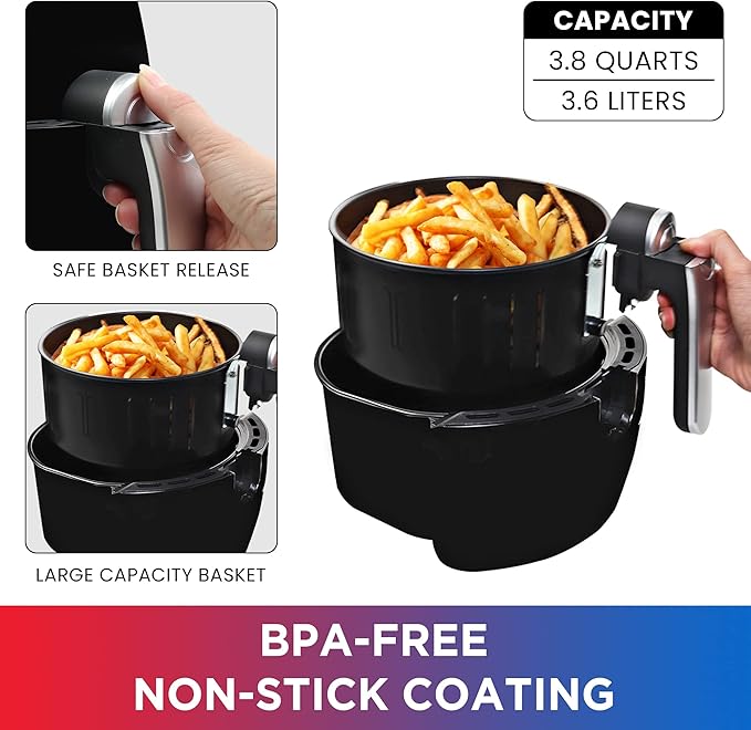 Total Chef 3.8 quart Air Fryer - Aerogrill, Non-Stick Frying Basket, French Fry, Digital Touch Screen, 7 Presets, Friteuse électrique, Countertop Cooking Kitchen Appliance, Black