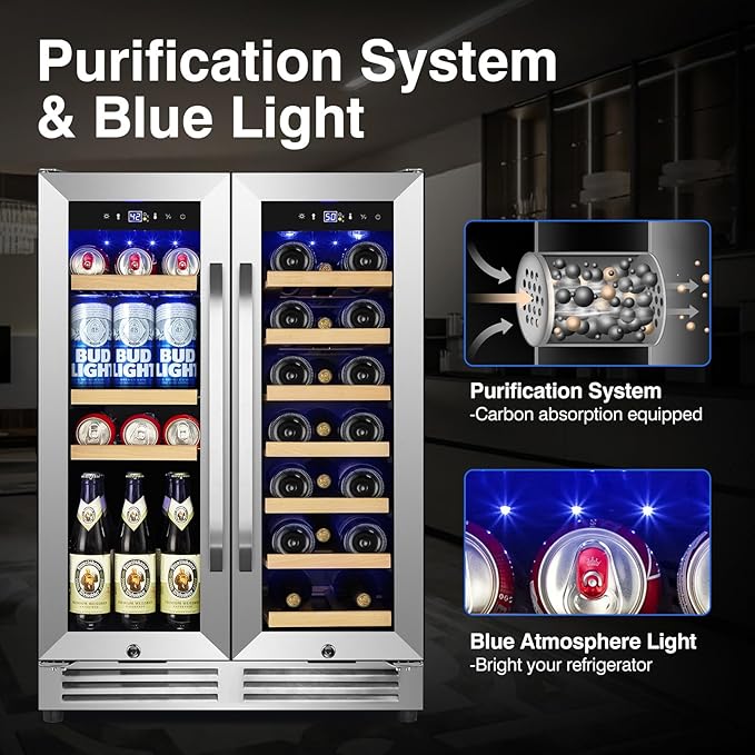 24 Inch Upgraded Wine and Beverage Refrigerator– Dual Zone Beverage Cooler with Glass Door | Under Counter or Freestanding | Large Capacity, Advanced Cooling System & Carbon Purification