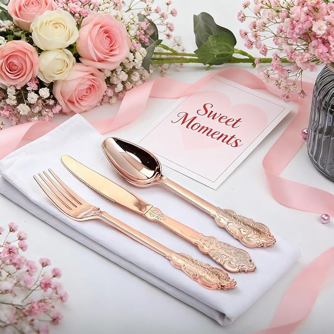 WDF-300 Pieces Rose Gold Plastic Silverware- Disposable Flatware -Heavyweight Plastic Cutlery- Includes 100 Forks, 100 Spoons, 100 Knives for Wedding& Parties