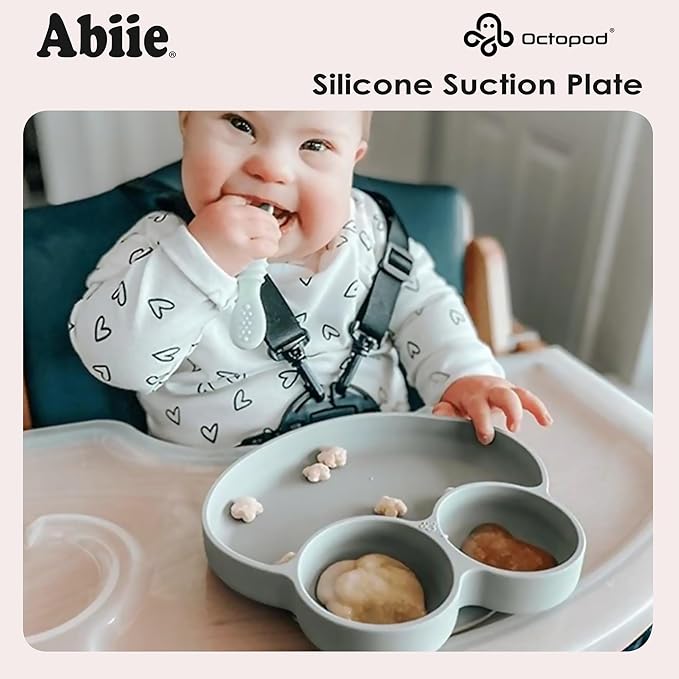 Abiie Octopod Frog Silicone Plates with Suction - Spill Proof, Easy to Clean - BPA-Free Bowl - Suction Plates for Baby and Toddler - Training & Feeding Divided Grip Dish (Gray)