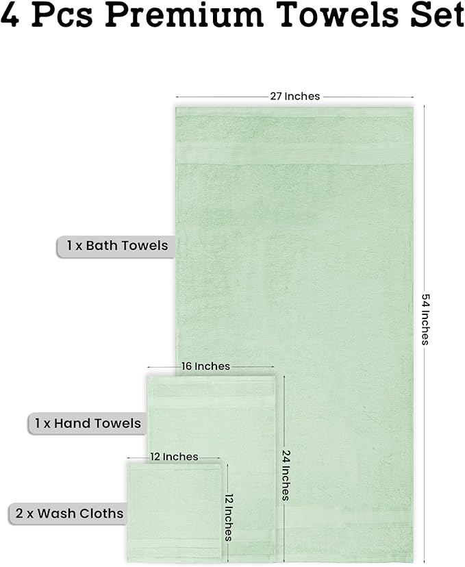 Casa Lino 100% Cotton Bath Towels Set of 4 (1 Bath Towel, 1 Hand Towel & 2 Wash Cloths) - Bathroom Towels and Washcloths Set - Complete Bathroom Set - Guest Room Essentials - (Light Sage Green)