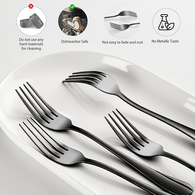 Black forks Food-Grade stainless steel dinner forks 24pcs Dishwasher Safe kitchen forks metal 8inch silverware