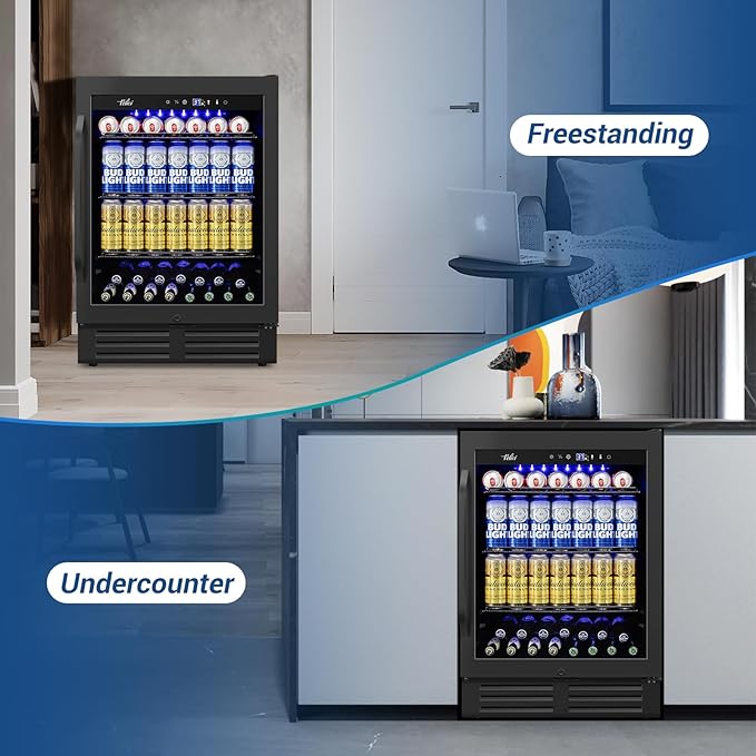 24 Inch Beverage Refrigerator Under Counter, 24" Space Built-In Beer and Drink Fridge with Glass Door for Soda, Water, and Milk - For Kitchen, Bar or Office