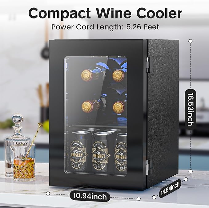 Wine Fridge Freestanding Counter-top, 24 Cans Wine Cellar Drink Cooler for Soda, Canned Beer, Adjustable Digital Temperature Control for Home Dorm Office, Black