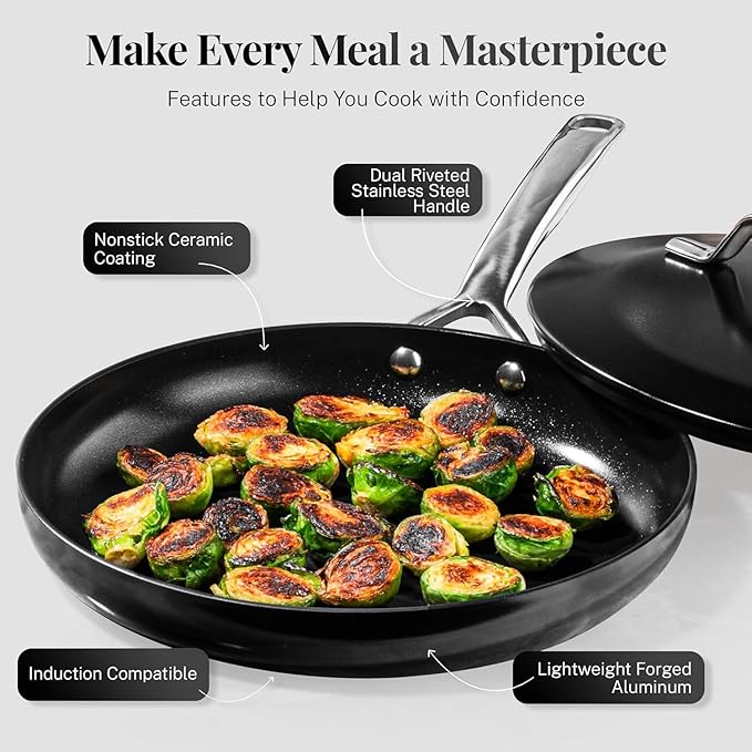 Gotham Steel Modern 11 Pc Ceramic Pots and Pans Set Non Stick, Professional Elegant Kitchen Cookware Sets with Steamer for Cooking, Non Toxic Made without PFOS PFOS, Dishwasher & Oven Safe