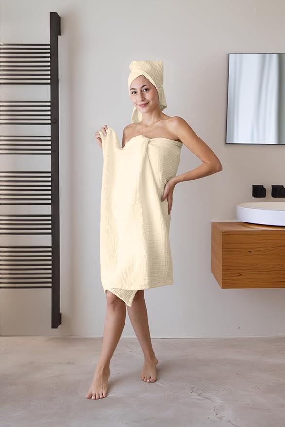 4 Pieces Muslin Towel Set for Bathroom, Luxury 100% Turkish Cotton Thin Soft Quick-Dry Lint-Free Large Size Bath Hand Towel Sets (Natural, 2 Bath & 2 Hand Towel Set)