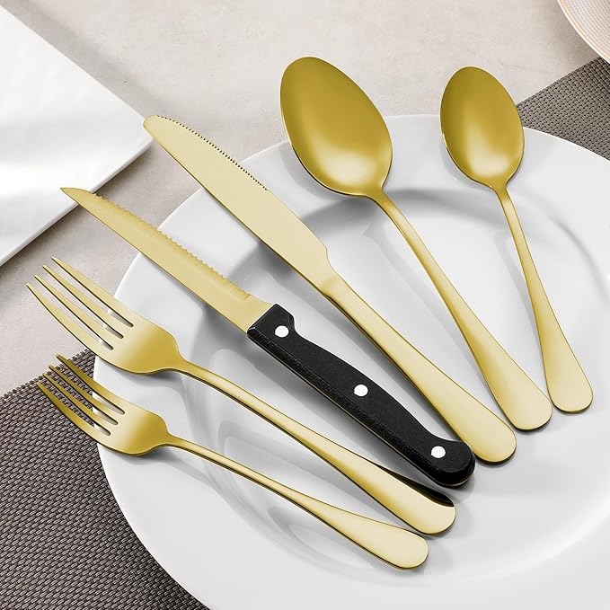 24 Pcs Gold Forks and Spoons Silverware Set, Food Grade Stainless Steel Flatware Cutlery Set for Kitchen and Restaurant, 12 Dinner Fork(8") and 12 Teaspoon(6.7"), Mirror Polished, Dishwasher Safe