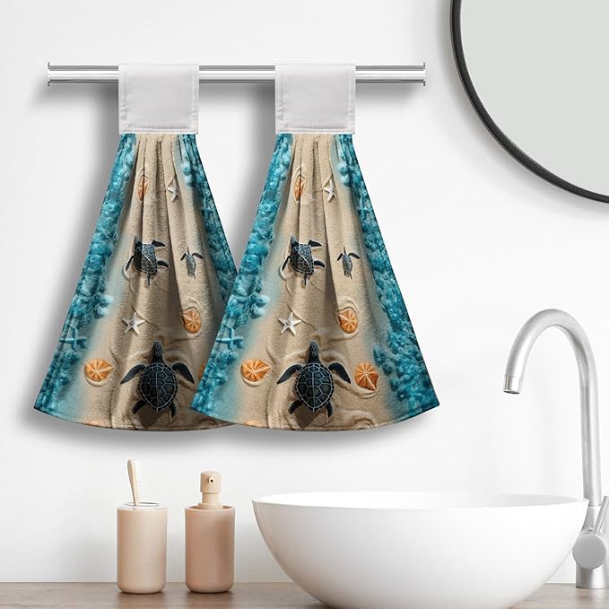 Sea Turtle Hanging Kitchen Towels Summer Ocean Tie Towels Beach Tortoise Hanging Hand Towel Nautical Seashell Hand Towel with Loop Coastal for Bathroom Set of 2 Home Decor 17x12