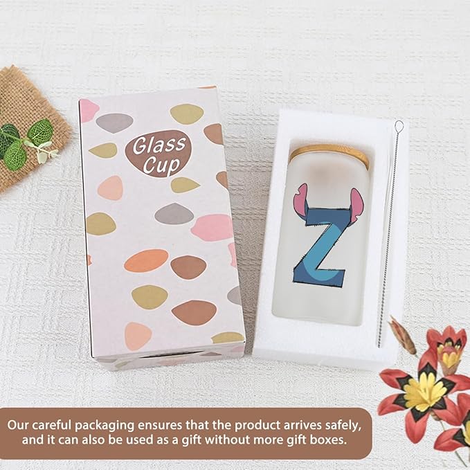 Cute Cartoon Lover Gifts Initial A-Z Personalized Iced Coffee Cup Cartoon Merch 16oz Glass Cup with Lid and Straws Birthday Christmas Gifts for Women Teen Girls Fans (Letter Z)