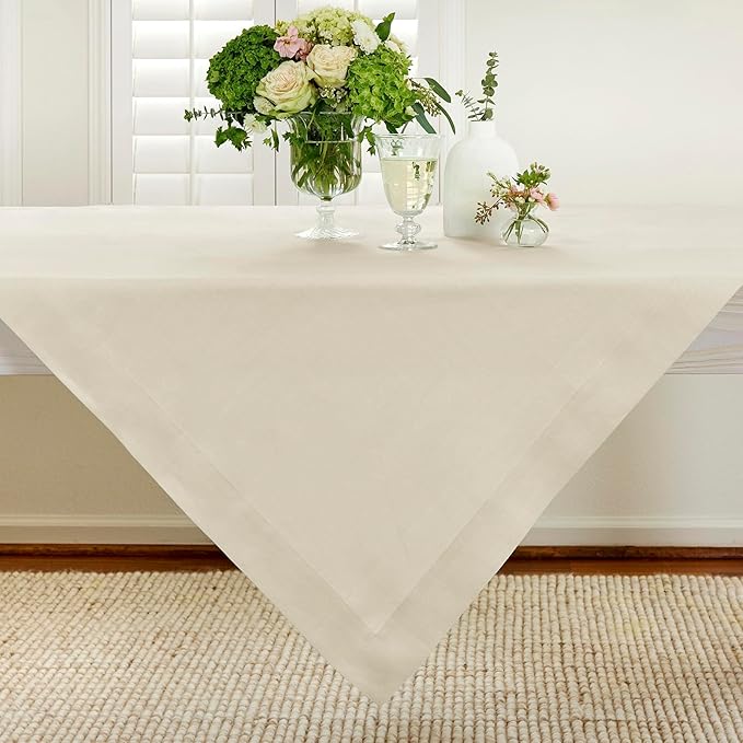 Solino Home Linen Tablecloth 52 x 52 Inch - 100% Pure Linen Birch Square Tablecloth - Fete, Machine Washable Table Throw