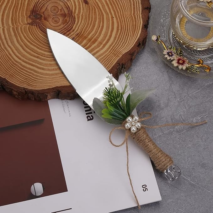 TANG SONG Rustic Style Stainless Steel Wedding Cake Knife and Serving Set Resin Plastic Handle with Artificial Green Leaf shape Design