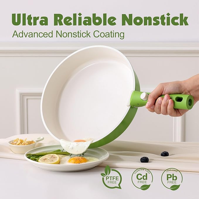 SENSARTE 17 Piece Ceramic Pots and Pans Set, Nonstick Detachable Handle Cookware, Induction Kitchen Cookware Set with Removable Handle, Dishwasher ＆ Oven Safe (Green)