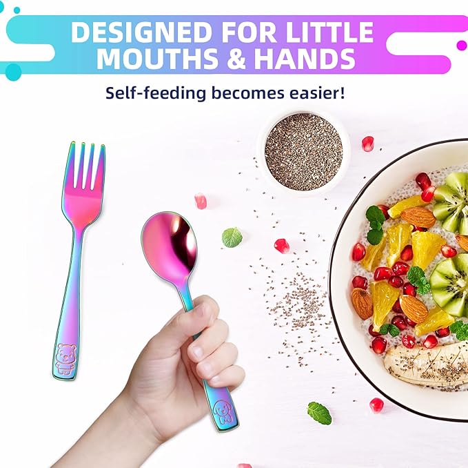VITEVER 10 Pack Toddler Utensils, Stainless Steel Rainbow Silverware Set for Kids, Children Safe Cutlery Set Includes Forks and Spoons - Dishwasher Safe