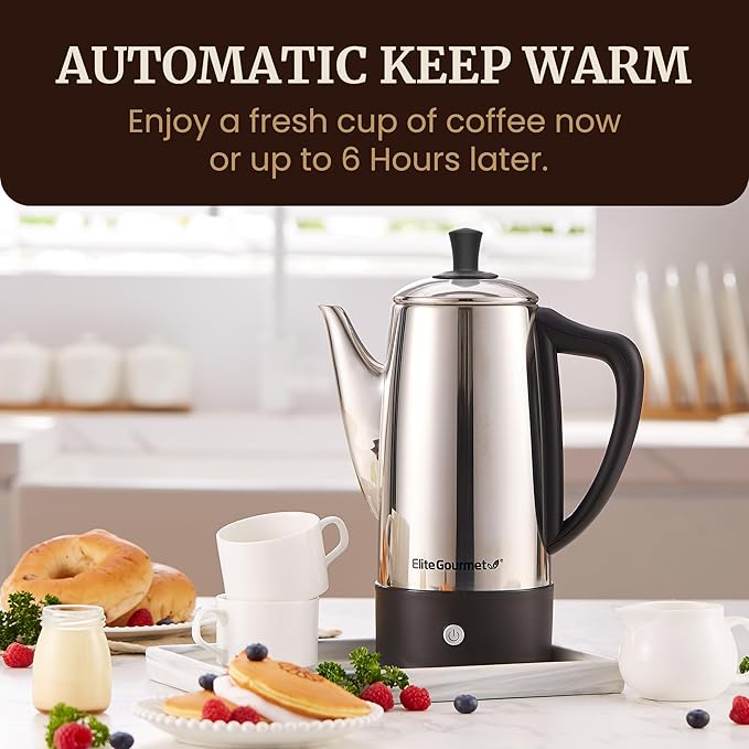 Elite Gourmet 12-Cup Electric Coffee Percolator, Dishwasher Safe Stainless-Steel Filter, Lid & Tube, Keep Warm, 360° Swivel Base Cord-less Serving, Stainless-Steel
