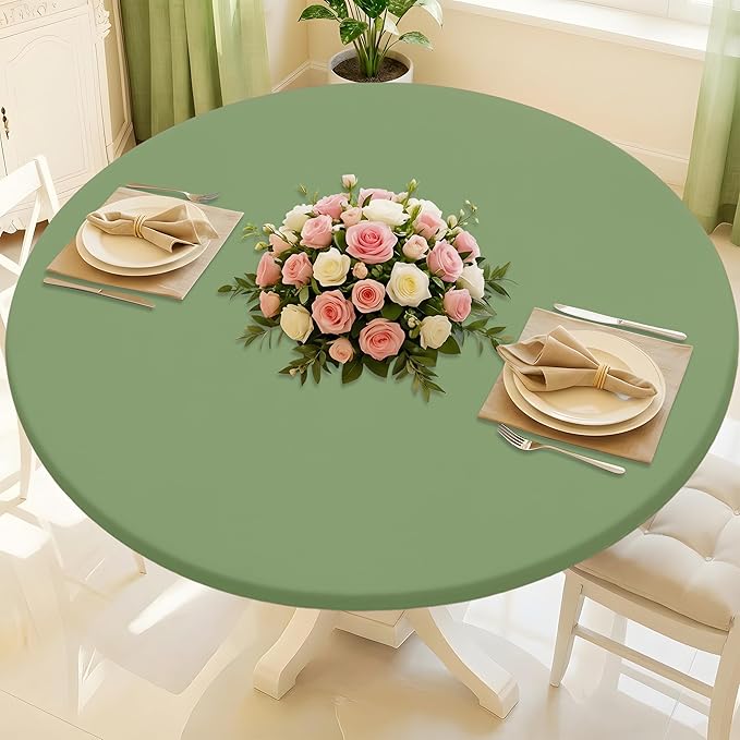 Round Spandex Tablecloth, Elastic Fitted Waterproof Tablecloths for 45"-56" Tables, Stretch Washable Picnic Table Cover for Camping, Dining, Indoor and Outdoor, Sage Green