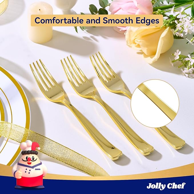 125 Count Gold Plastic Disposable Forks Heavy Duty, 7.28 Inch Heat Resistant Durable Gold Dinner Forks for Parties, Wedding, Daily Events