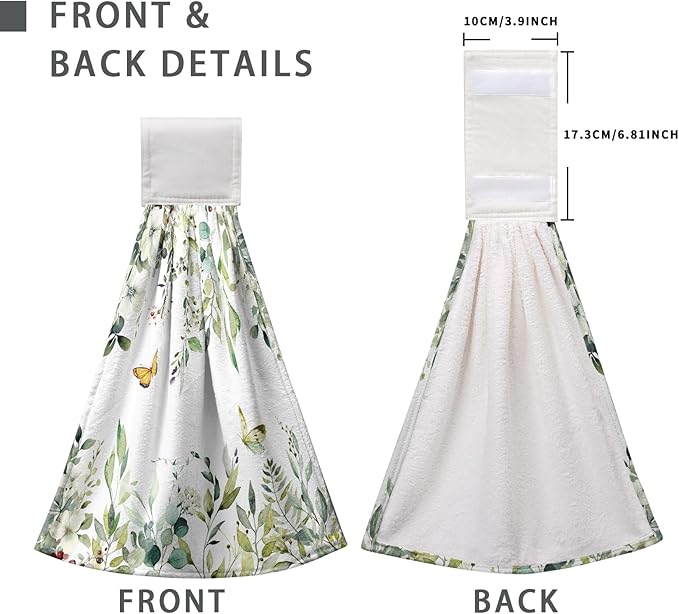 Eucalyptus Leaves Green Hanging Kitchen Towels Flowers Butterfly Hand Towels with Hanging Loop Sage Leaf Summer Dish Towel Washcloth Soft Tie Towel for Bath Kitchen