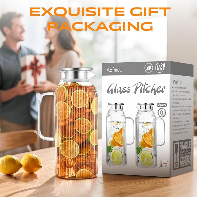 2 Liters/68oz 2 Pack Stripes Glass Pitcher with Lid and Handle for Fridge Door, Aofmee Borosilicate Glass Heat Resistant Dishwasher Safe Iced Tea Jar, Carafe with Scale Line for Hot/Cold Beverage