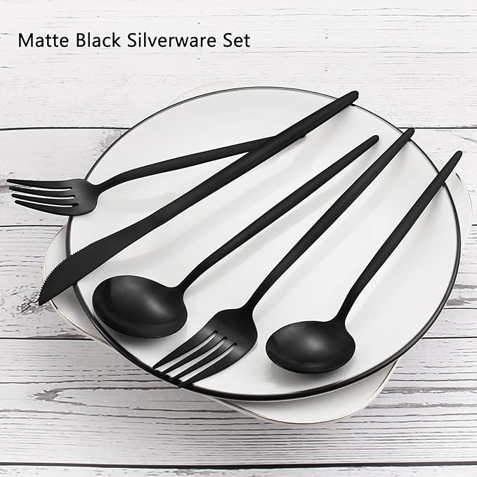 Matte Black Silverware Set, VANVRO 20-Piece Stainless Steel Flatware Set, Satin Finish tableware Cutlery Set, Service for 4, Home and Restaurant, Dishwasher Safe