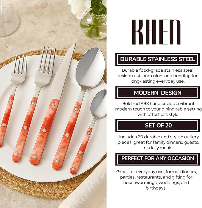 Khen 20-Piece Cutlery Set with Dinner Knives, Forks, Spoons, Salad Forks & Teaspoons – Durable and Dishwasher Safe Utensil Set for Home, Kitchen, Weddings & Occasions - Blush Storm Pattern Handle