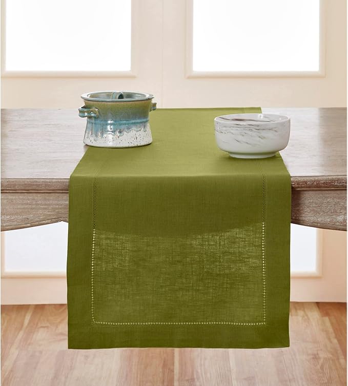 Solino Home Linen Avocado Green Table Runner 90 Inches Long - 100% Pure Linen Hemstitch 14 x 90 Inch Table Runner for Dining - Classic Hemstitch