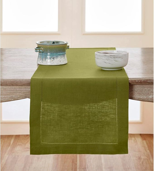 Solino Home Linen Hemstitch Table Runner 36 Inches - 100% Pure Linen Avocado Green Table Runner 14 x 36 Inch Ideal for Dresser and Coffee Tables - Winter - Classic Hemstitch