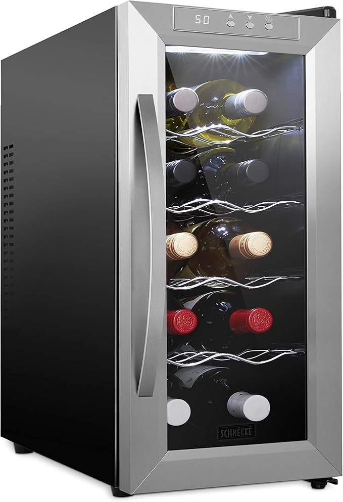 SCHMÉCKÉ 10 Bottle Thermoelectric Wine Cooler/Chiller - Stainless Steel - Counter Top Red & White Wine Cellar w/Digital Temperature, Freestanding Refrigerator Smoked Glass Door Quiet Operation Fridge