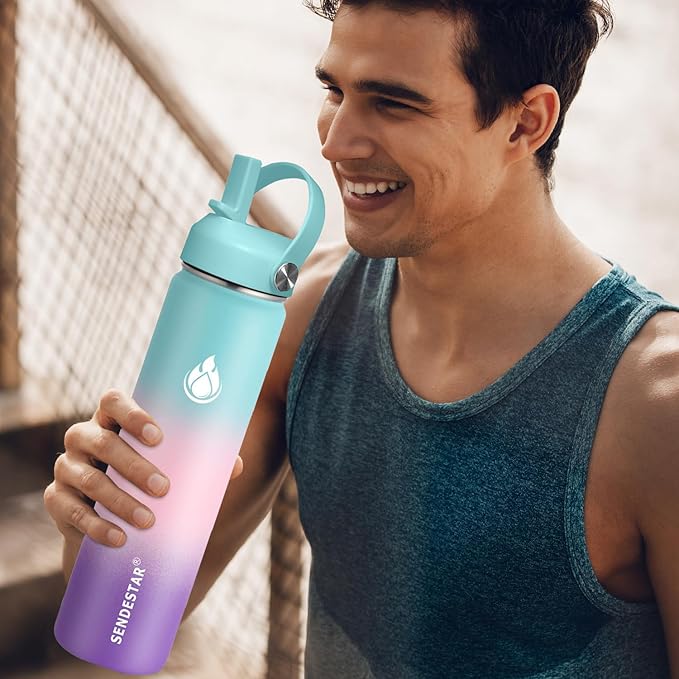 SENDESTAR Water Bottle 32oz Double Wall Vacuum Insulated Leak Proof Stainless Steel Sports Water Bottle—Wide Mouth with New Flex Straw Lid & Spout Lid (Bubble Gum)