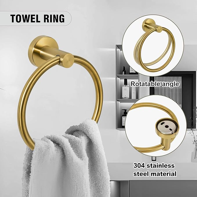 5-Piece Towel Racks for Bathroom, Stainless Steel Bathroom Accessories Set, Bathroom Towel Holder Wall Mounted, Sturdy Bath Towel Bar Set Bathroom Hardware Set (Brushed Gold)
