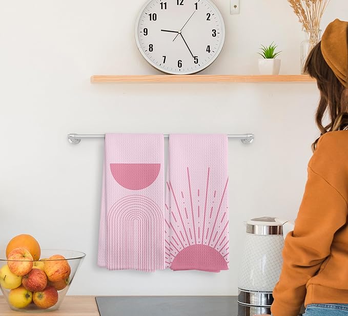 Pink Preppy Sun Moon Rainbow Kitchen Towels and Dishcloths Sets of 2, Bohemian Sunrise Hand Towels, Abstract Arch Line Drying Cloth Hand Towels for Girls Bathroom Kitchen Decor, 16×24 Inches
