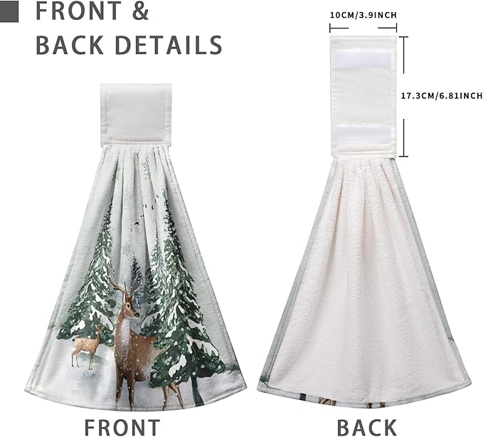 Winter Deer Hand Towels with Hanging Loop Pine Tree Snowflake Tie Towel 2Pcs Snow Hanging Kitchen Towels Decorative Tea Towel Soft Absorbent Washcloth for Home Bathroom Decor