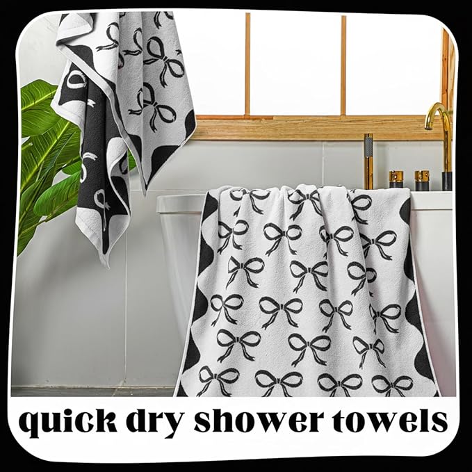 2 Pcs Black Bow Bathroom Towels 100% Cotton Coquette Bow Bath Towels 28 x 55 Inch Absorbent Soft Preppy Bathroom Decor for Spa Gym Kitchen Women Gifts