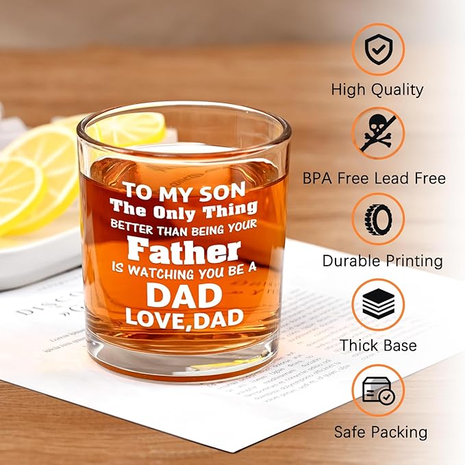 Futtumy Son Gifts from Dad, To My Son Watching You Be a Dad Whiskey Glass, Birthday Christmas Fathers Day Father to Be Gifts, 10 OZ Old Fashioned Glass