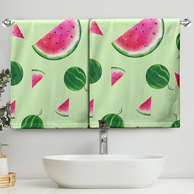 Watermelon Cotton Kitchen Towel Set of 2 Green Tropical Fruits Hand Towels Summer Dish Towel Reusable Portable Drying Baking Tea Towel for Kitchen Home Cleaning Bath Decor