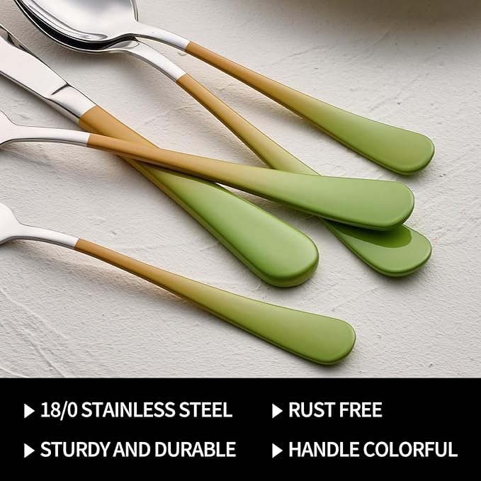 20-Pieces Color Silverware Sets for 4,Green and Orange Handle Stainless Steel Cutlery Set, Include Forks Spoons and Knives Set, Dishwasher Safe Utensil Sets for Home Restaurant