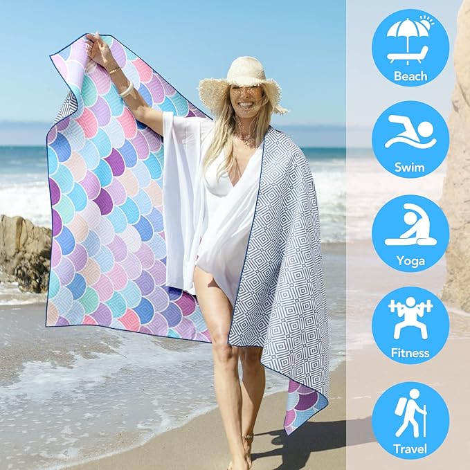2 Pack Microfiber Beach Towel, Oversized Pool Towel 75”x 35”, Sand-Free Beach Towel, Quick Drying Camping Towel, Super Absorbent Bath Towel Blanket, Soft Breathable and Lightweight